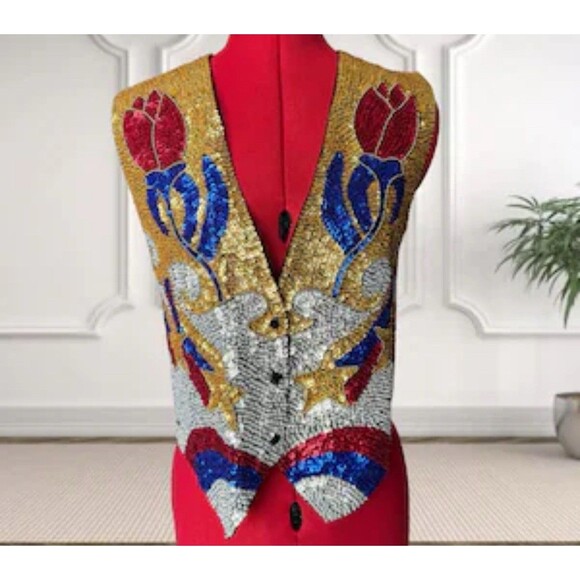 Vintage JC Sequin Floral and Stars Vest Size XL - Picture 1 of 5